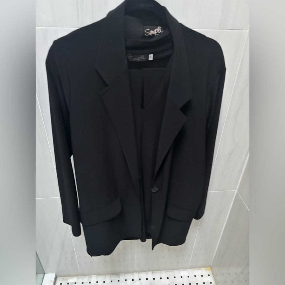 Three piece Black Jersey Blazer, tunic and pants set